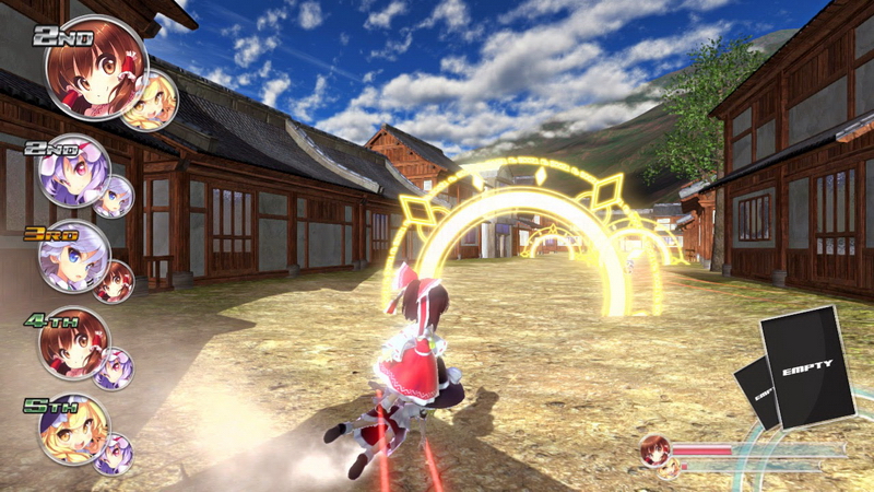 Un aperçu du jeu Touhou Gensou Skydrift, avec Reimu chevauchant Marisa.